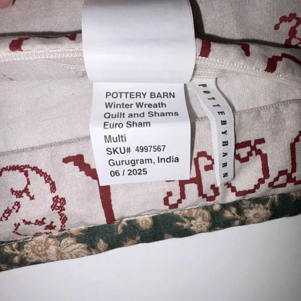 Pottery Barn Winter Wreath Quilted Euro Pillow Sham Christmas Embroidered 26x26